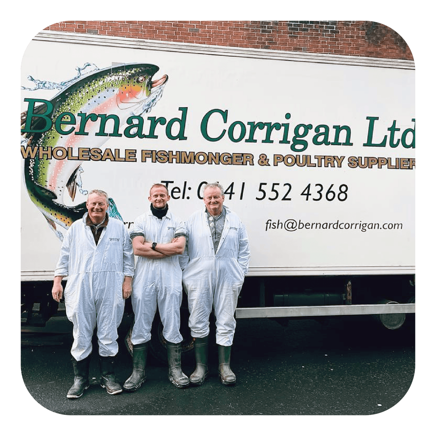 Members of the Bernard Corrigan team standing in front of their branded home-delivery truck.