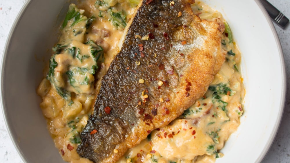 Sebass Chowder Sea Bass on Smokey Chorizo Chowder – bernardcorrigan
