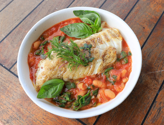 Seared Haddock with White Beans, Tomato, Spinach and Fresh Basil